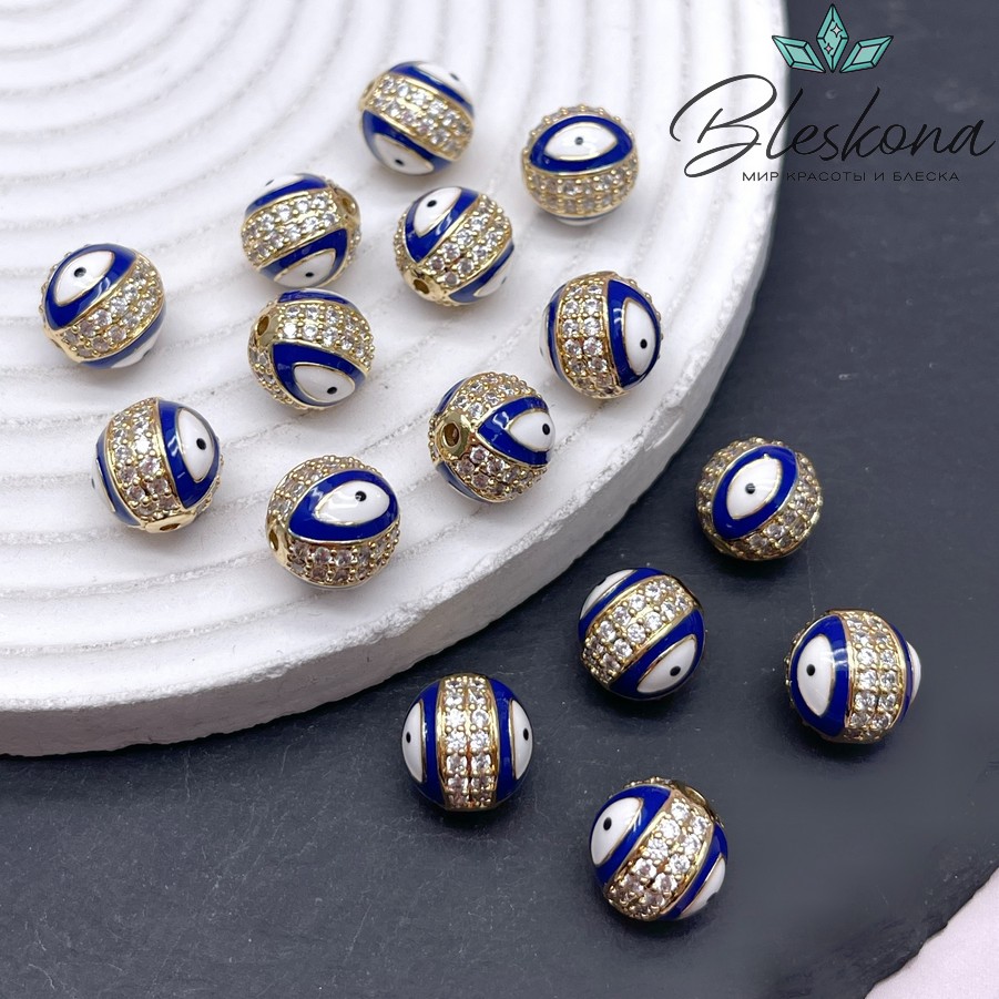 10,5 мм Цвет золото, Бусина с глазком синяя эмаль