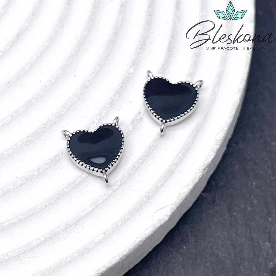 Коннектор сердце черная эмаль, цвет серебро 10,5*11,5мм 
