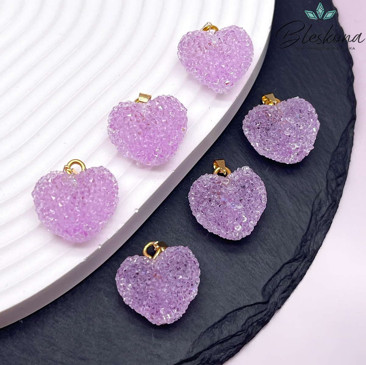 19*20 мм, Цвет золото, Подвеска мармеладное сердце фиолетовое