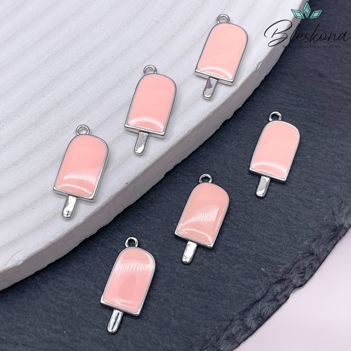 20*8,7мм Цвет серебро, Подвеска Мороженое розовая эмаль