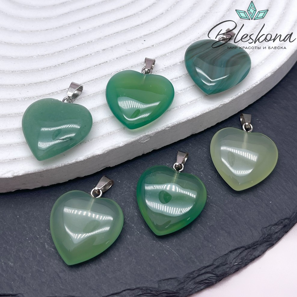 22*20 мм Цвет серебро, Подвеска Сердце Агат зеленый