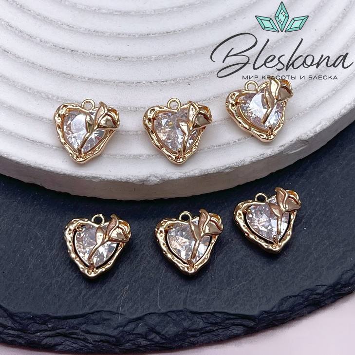 12,7*12,5 мм Цвет золото, Подвеска Сердце с розой циркон