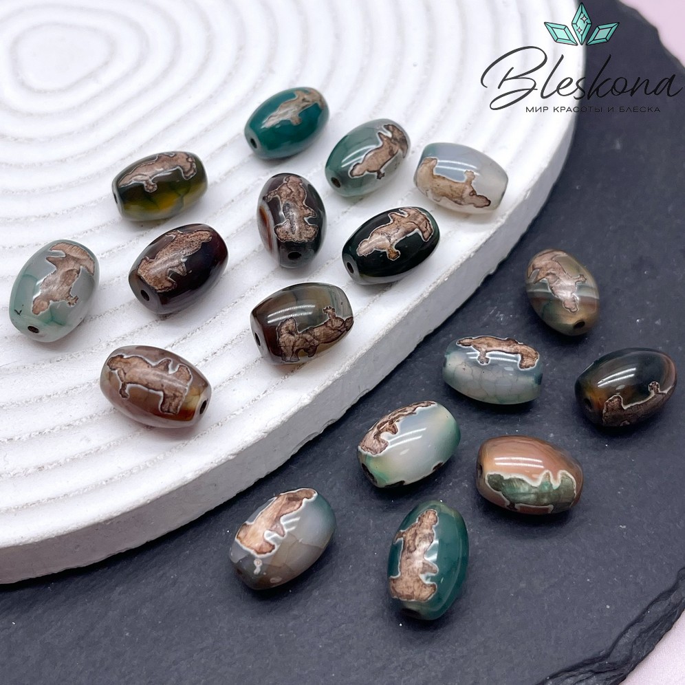 Бусина Дзи Гуань Инь зелено-коричневый бочонок 10*14 мм