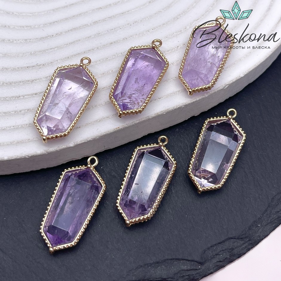 13,5*30мм, цвет золото ,Подвеска Шестиугольник Лавандовый Аметист в обрамлении цирконы