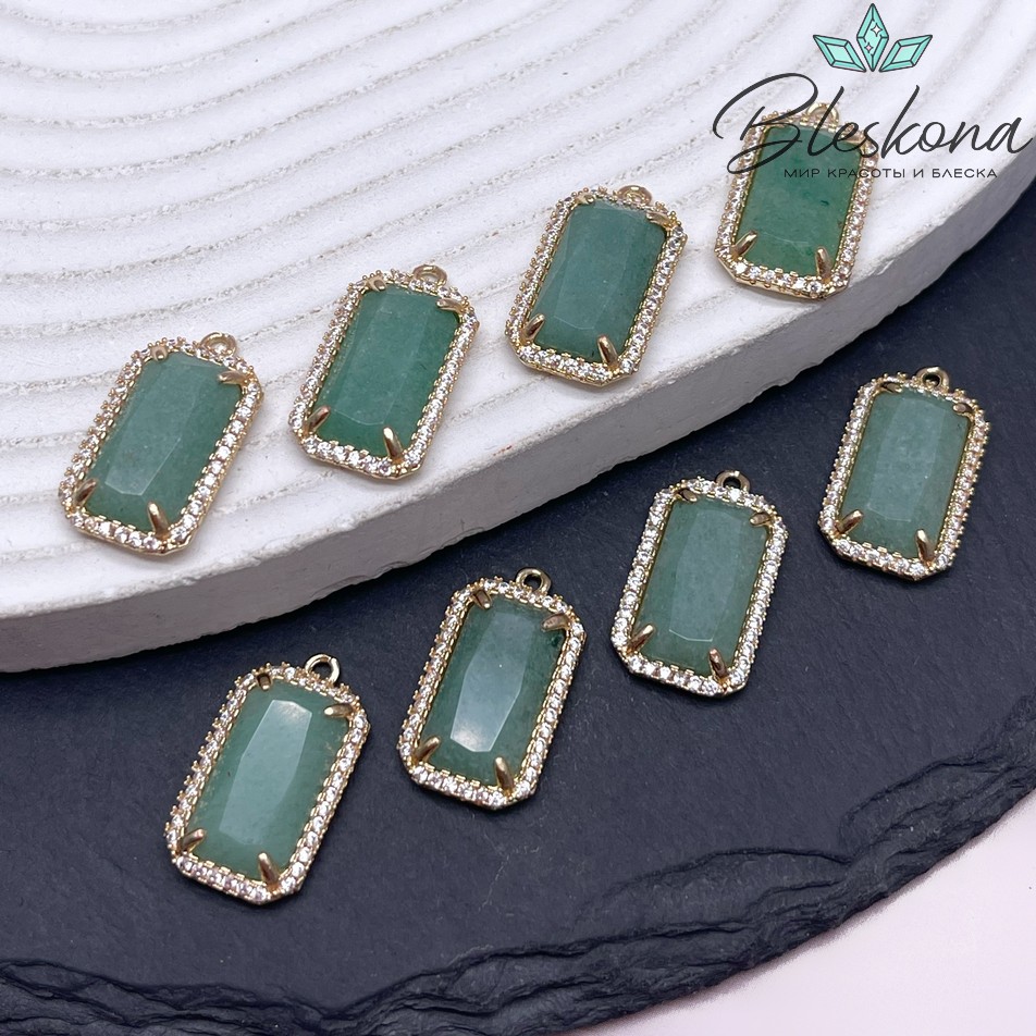 12*21мм, цвет золото ,Подвеска Прямоугольник Авантюрин в обрамлении цирконы
