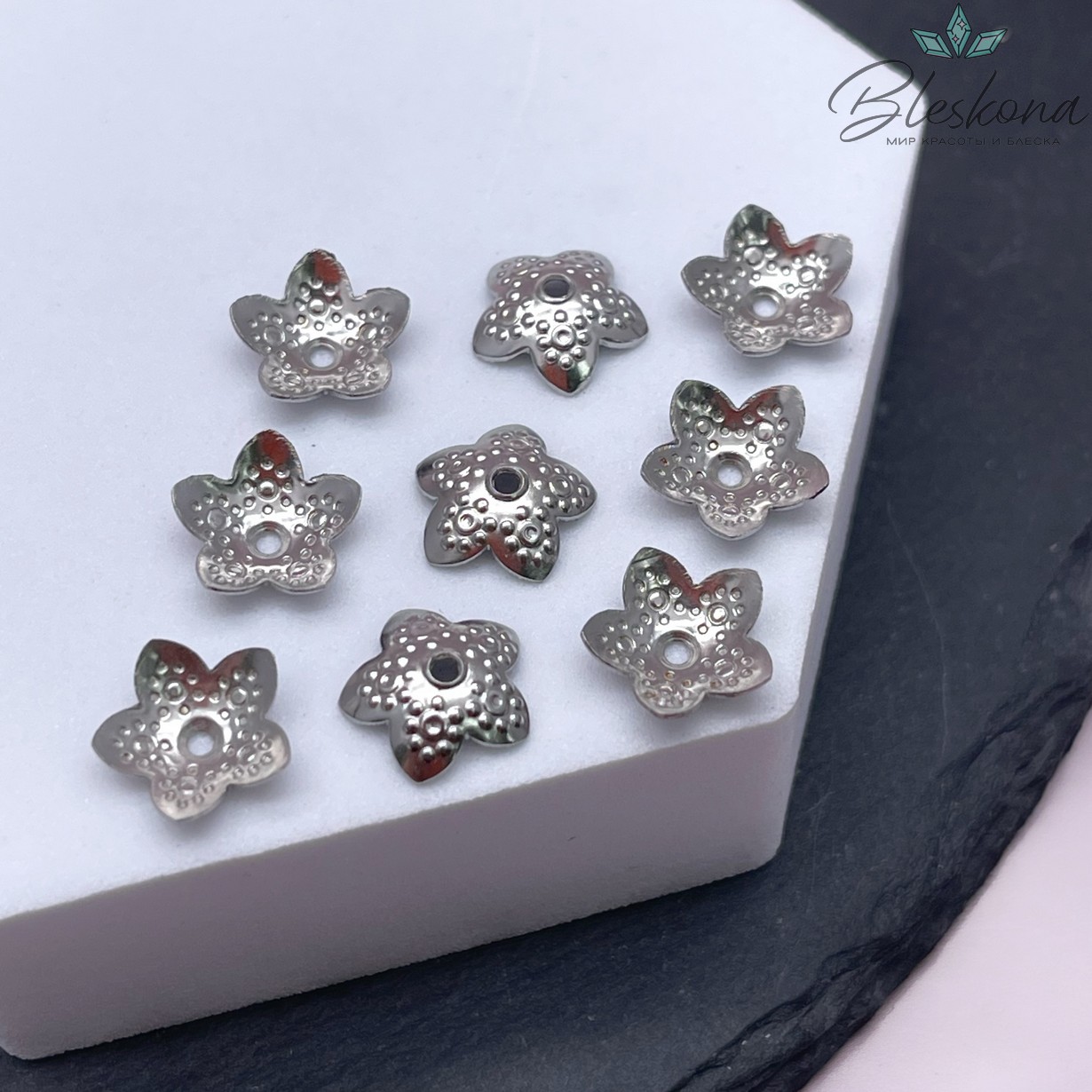 10 мм Цвет серебро, Шапочка цветочек точки