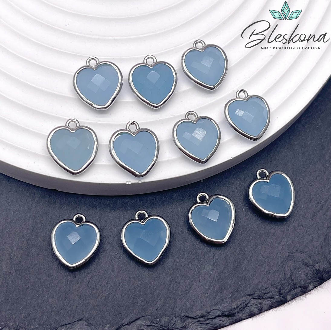 12*13мм,Цвет серебро,Подвеска Сердце Кварц тонированный голубой огранка