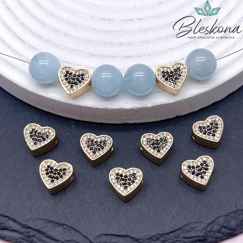 9,5*10,5мм, Цвет золото, Бусина сердце черные белые цирконы 