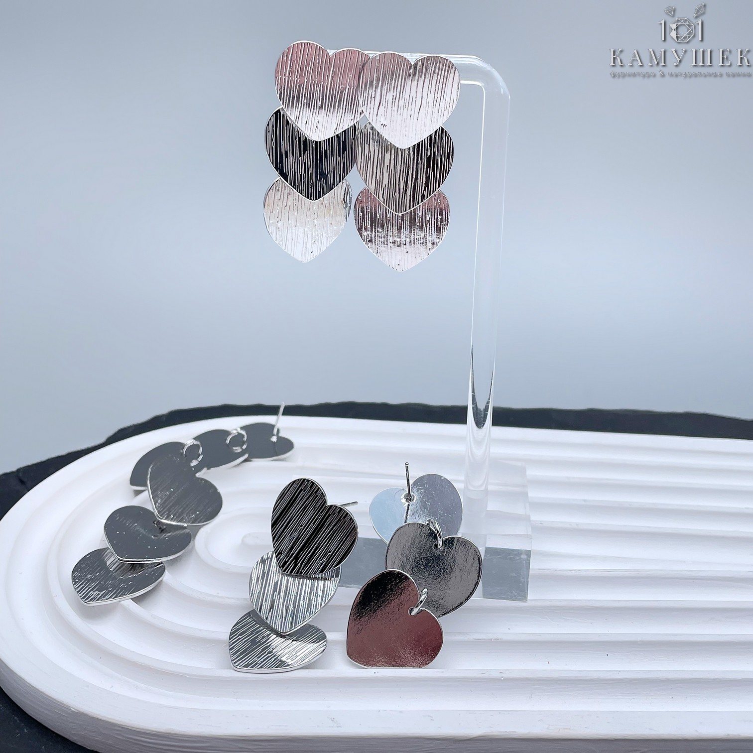 Пусеты сердце полосы 3 ряда, цвет серебро 45*18,6 мм