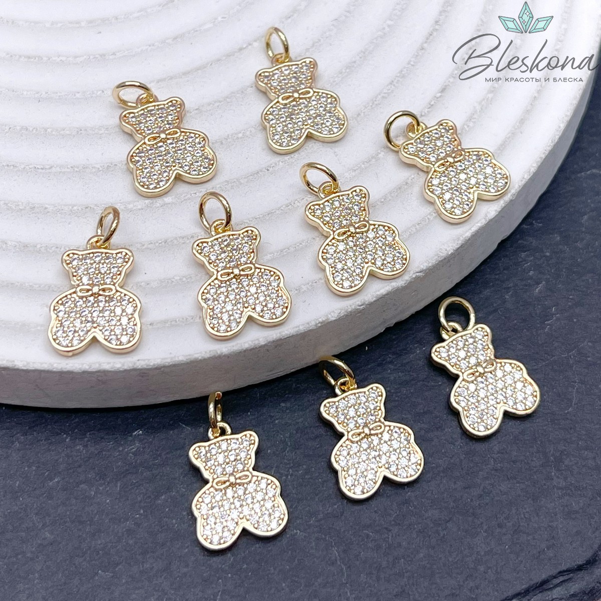 14*10 мм Цвет золото, Подвеска Мишка с бантиком цирконы