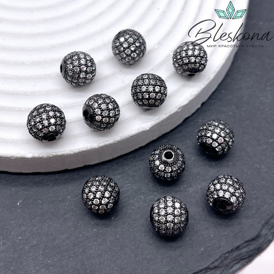 10 мм Бусина с цирконами, цвет черый