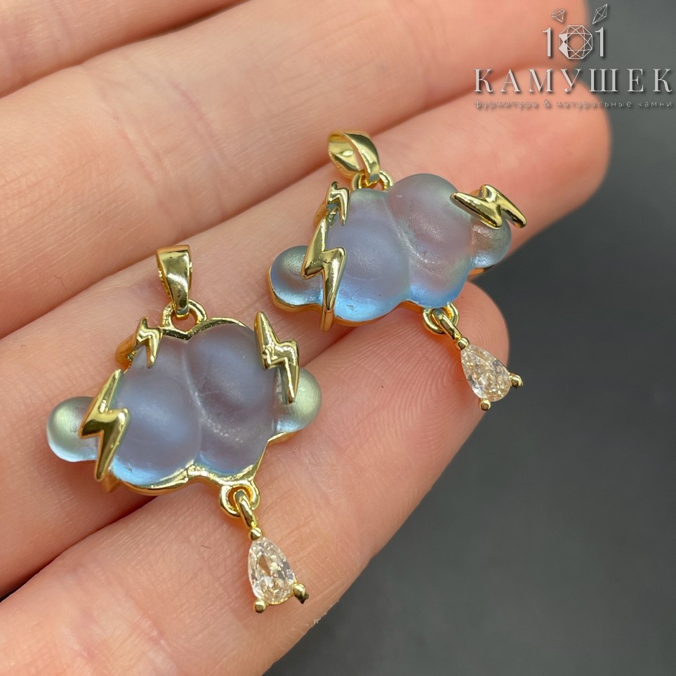 19,5*13мм, Цвет золото, Подвеска Облако матовое голубое стекло