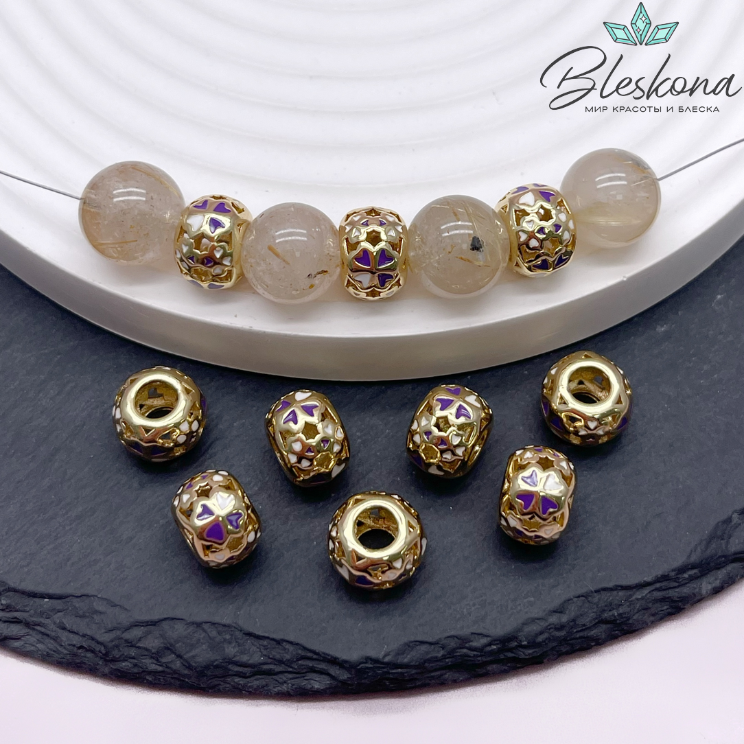 7*10 мм Цвет золото, Бусина бочонок клевер фиолетово-белая эмаль