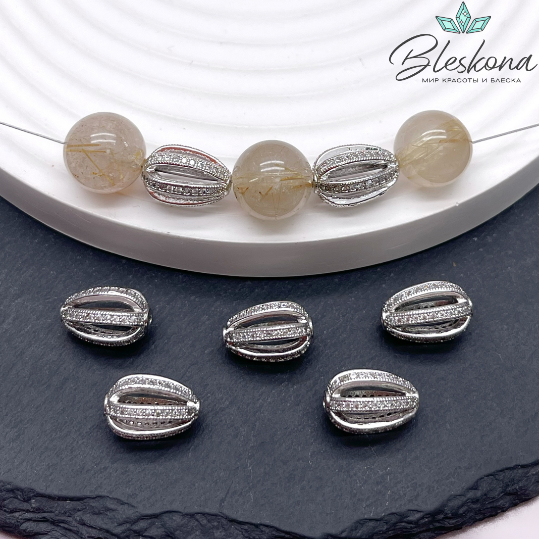 13*11 мм Цвет серебро, Бусина с цирконами