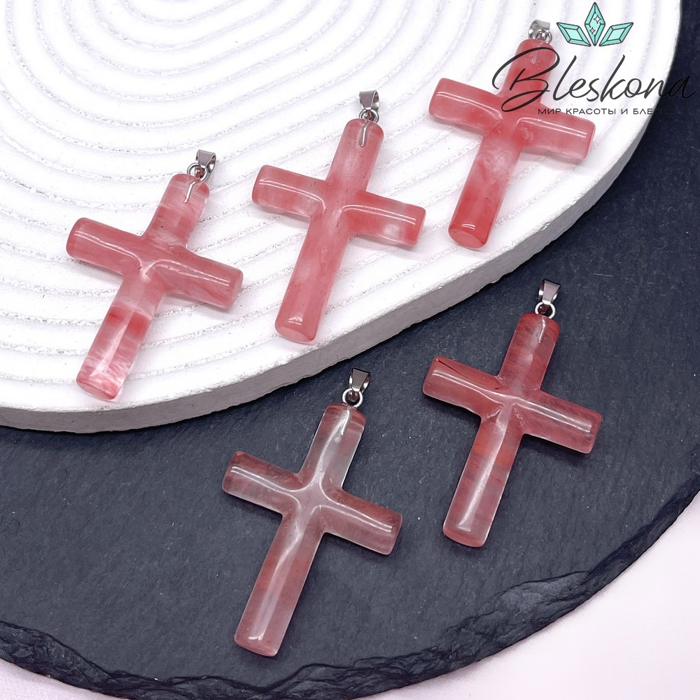 Подвеска крест Кварц вишневый, цвет серебро 43*29 мм