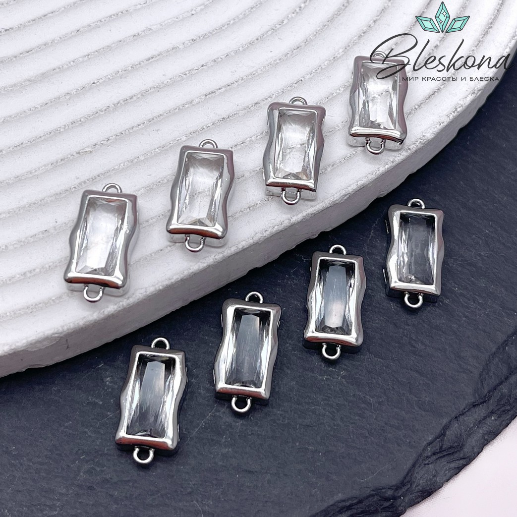 17,5*8,5 мм Цвет серебро, Коннектор прямоугольник белый циркон