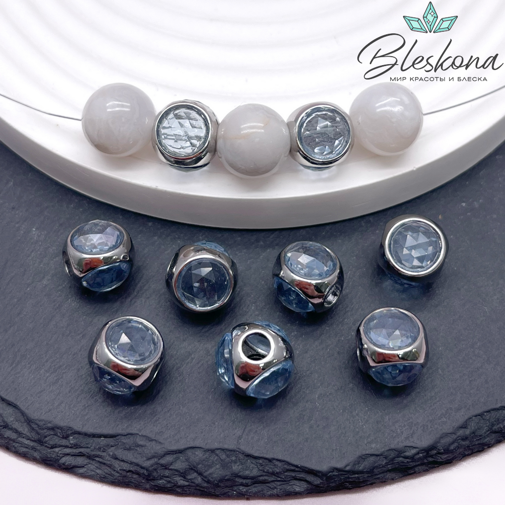 10 мм Цвет серебро, Бусина шар серо-голубое стекло