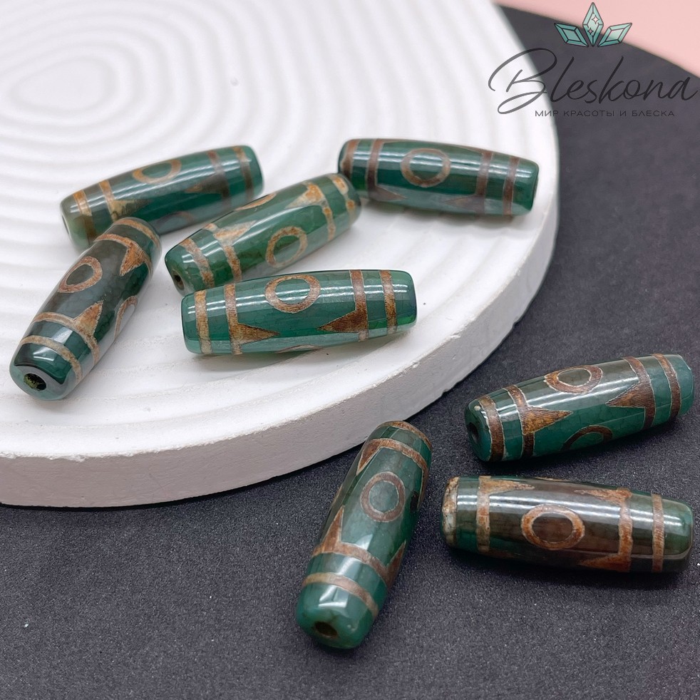 Бусина Дзи 3 глаза коричнево-зеленый бочонок 30*11 мм