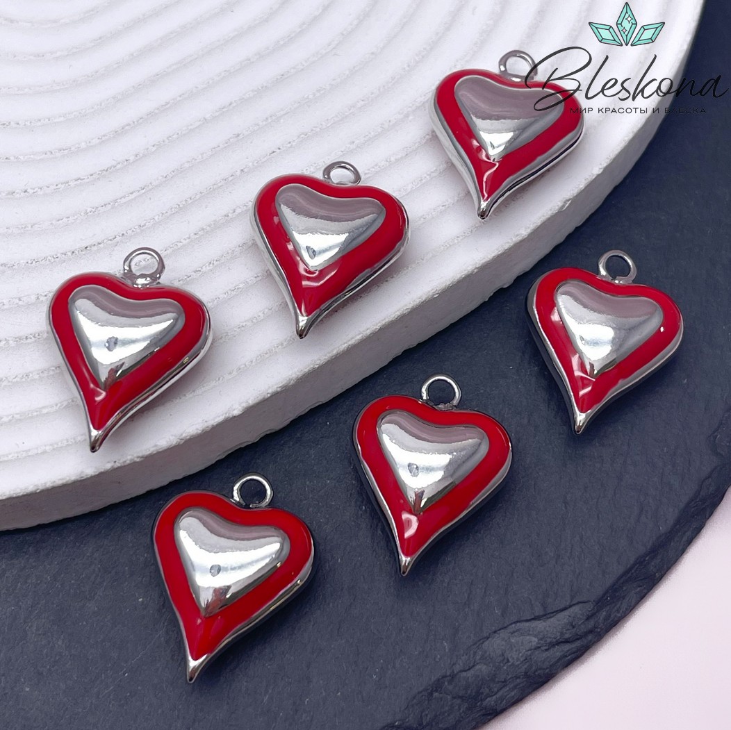 26,5*20 мм Цвет серебро, Подвеска Сердце красная эмаль