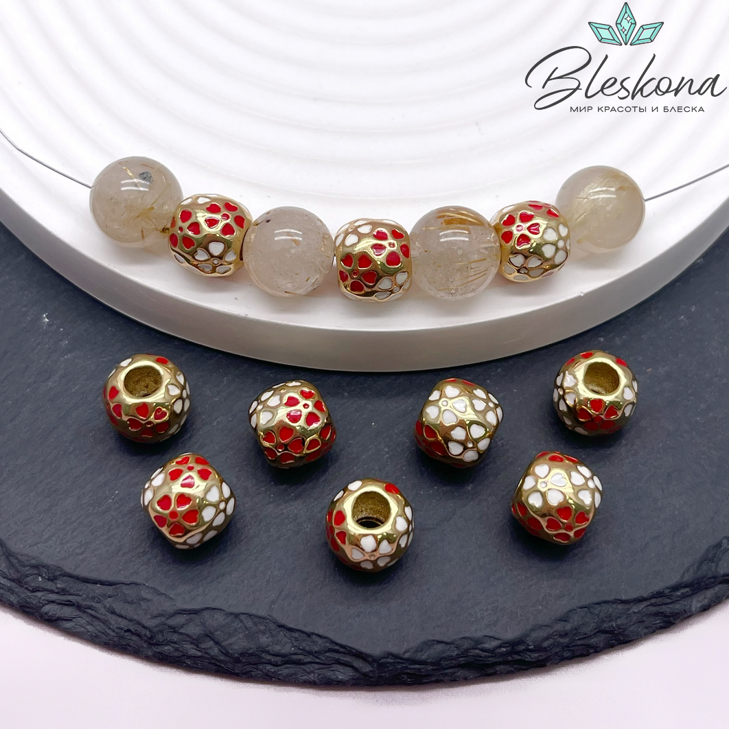 9*10 мм Цвет золото, Бусина бочонок цветы бело-красная эмаль