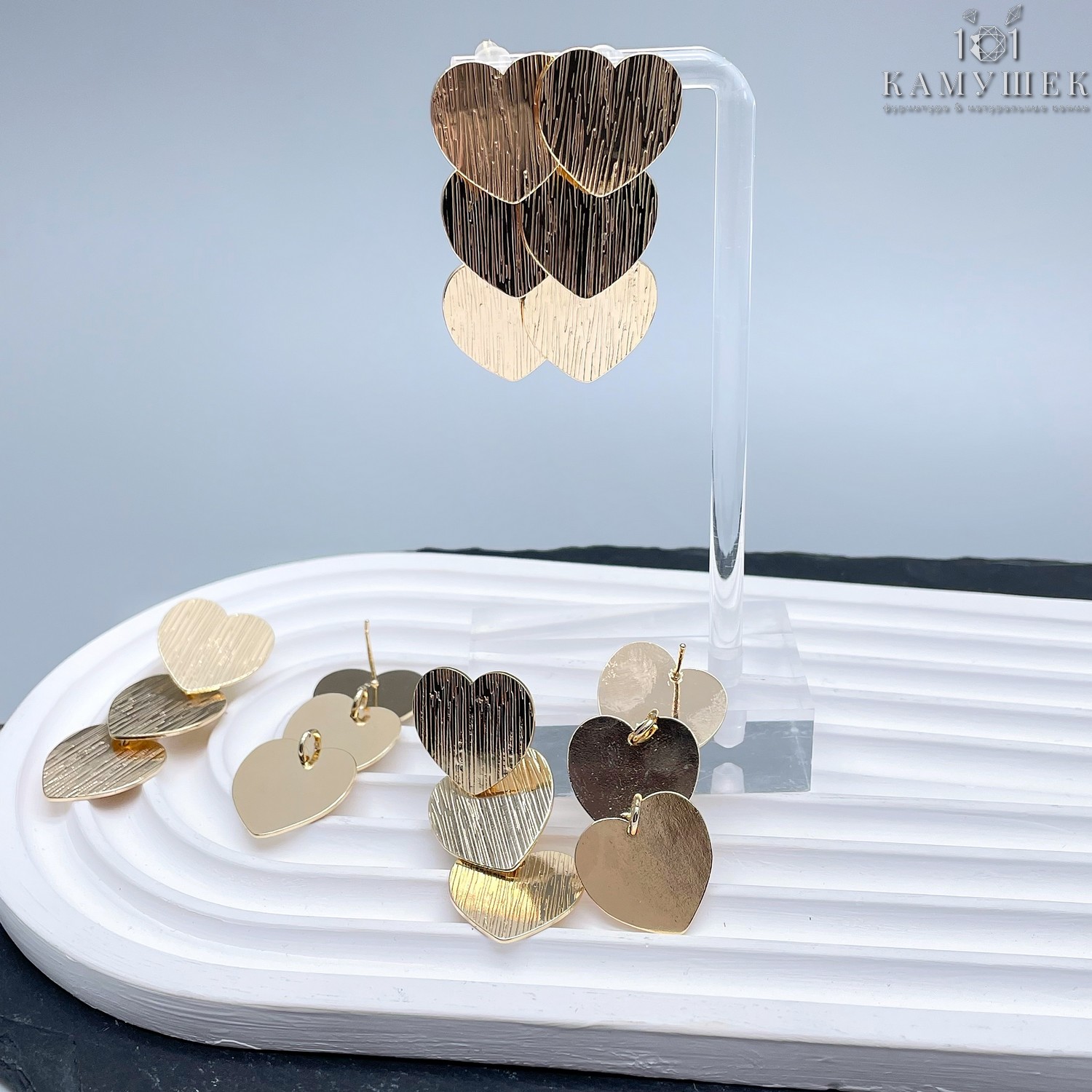 Пусеты сердце полосы 3 ряда, цвет золото 45*18,6 мм