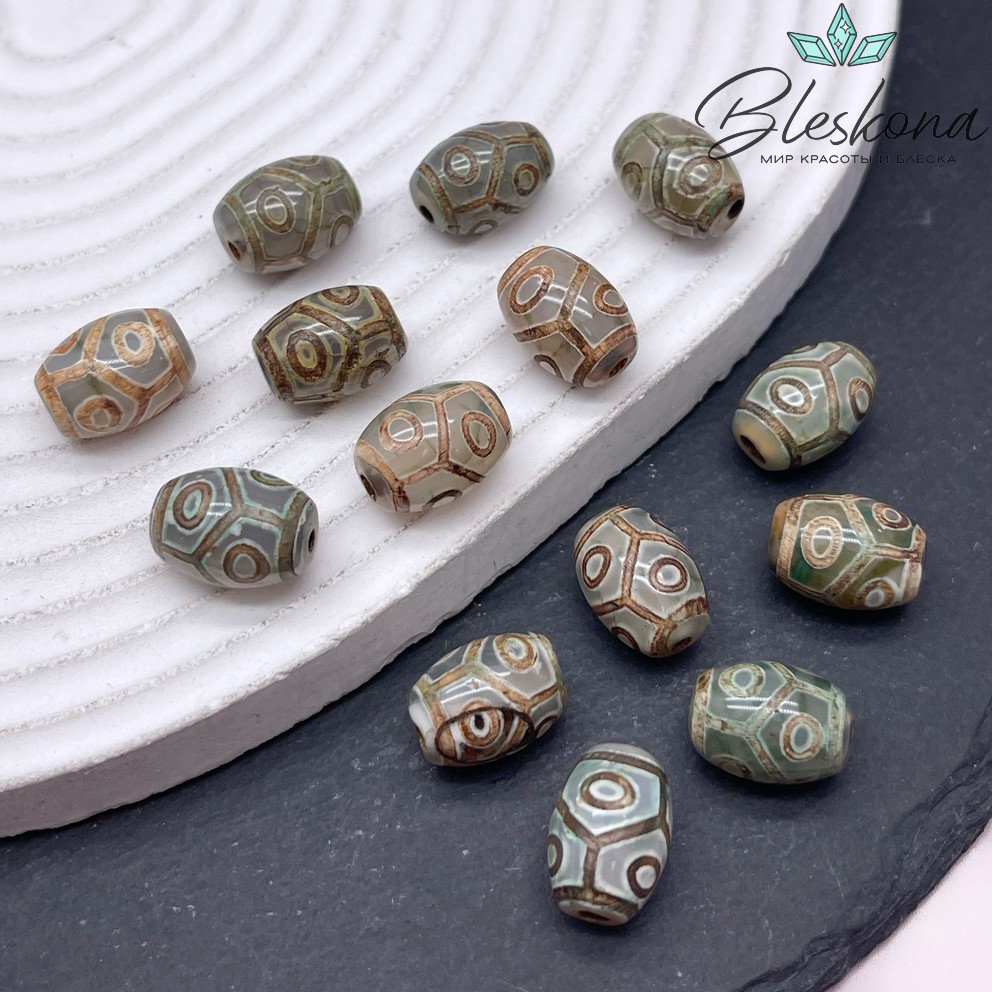 Бусина Дзи 6 глаз Черепаха зелено-коричневый бочонок 10*14 мм