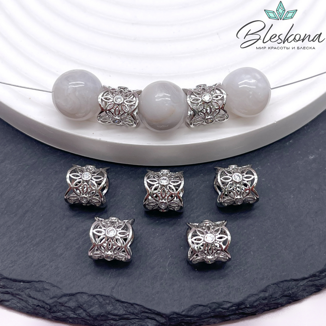 14,5*14,3 мм Цвет серебро, Бусина цилиндр цветы цирконы