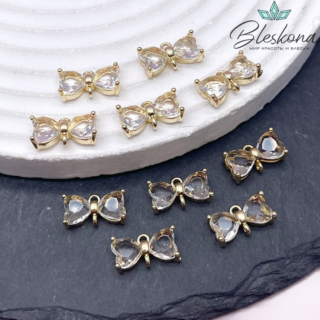 7*13 мм, Цвет золото, Коннетор два сердца прозрачное стекло