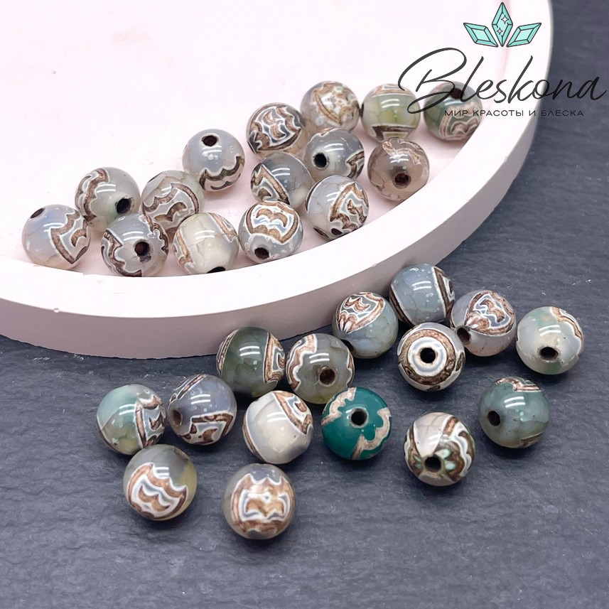 Бусина Дзи Птица Гаруда зелено-коричневый шар 8 мм уп.15 шт.