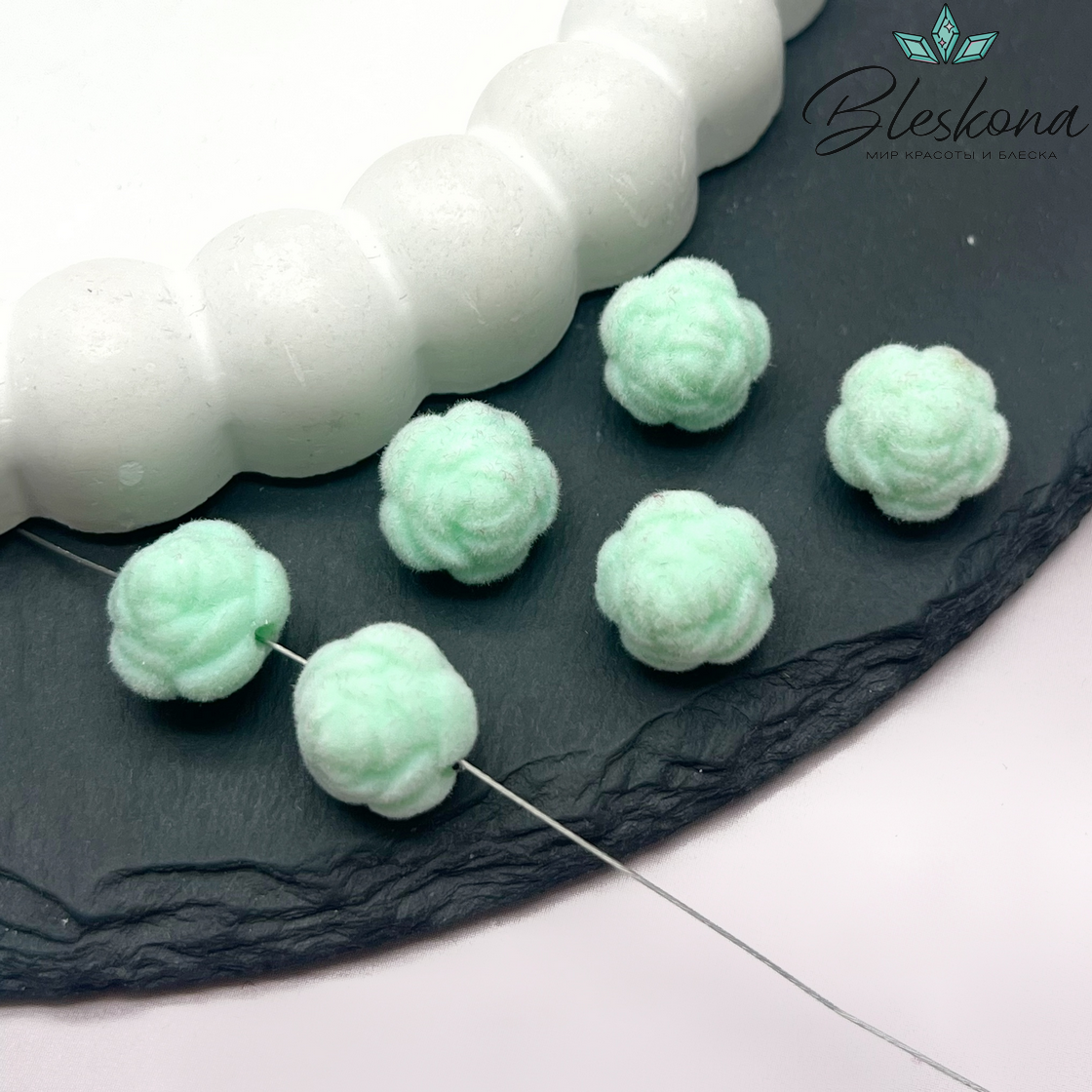 12мм Бархатная бусина Цветок - Роза, Цвет бирюзовый