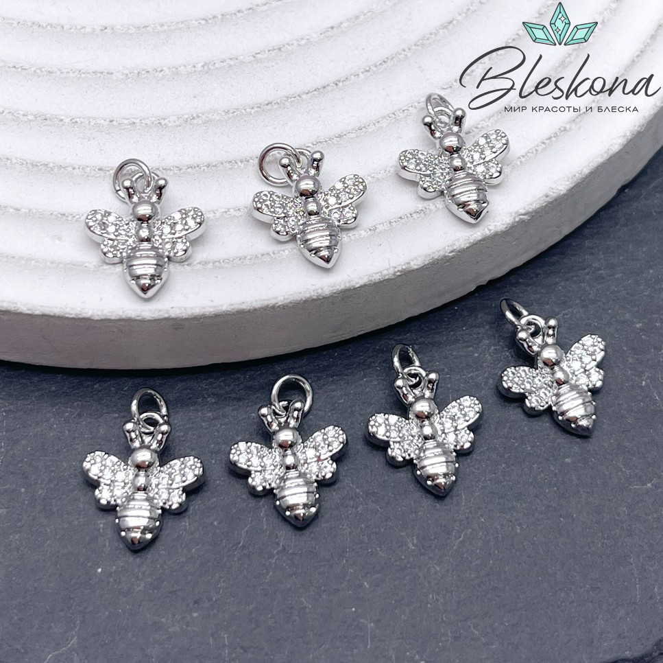 12,5*11 мм Цвет серебро, Подвеска Пчелка с цирконами 
