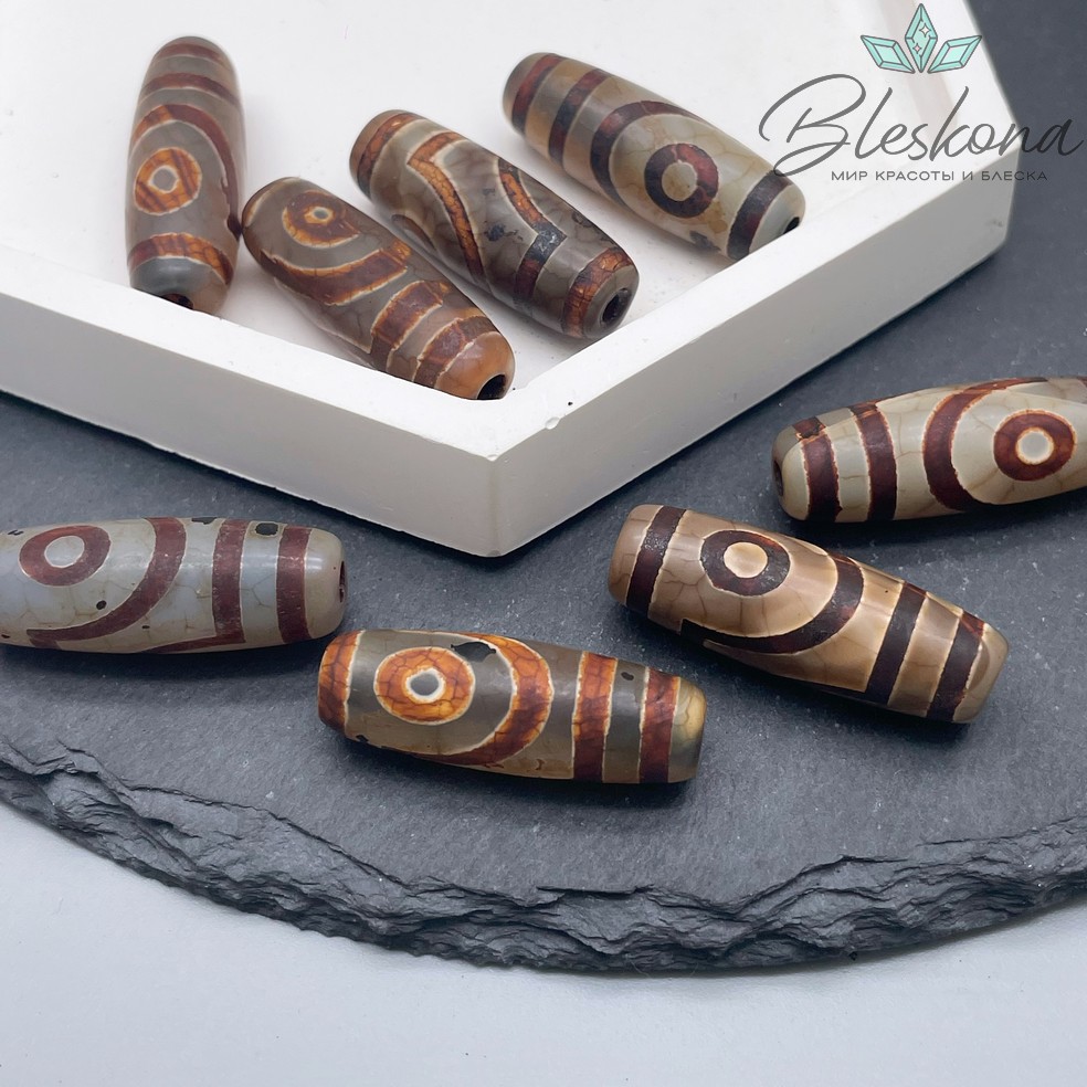 Бусина Дзи 2 глаза серо-коричневый бочонок 30*11 мм