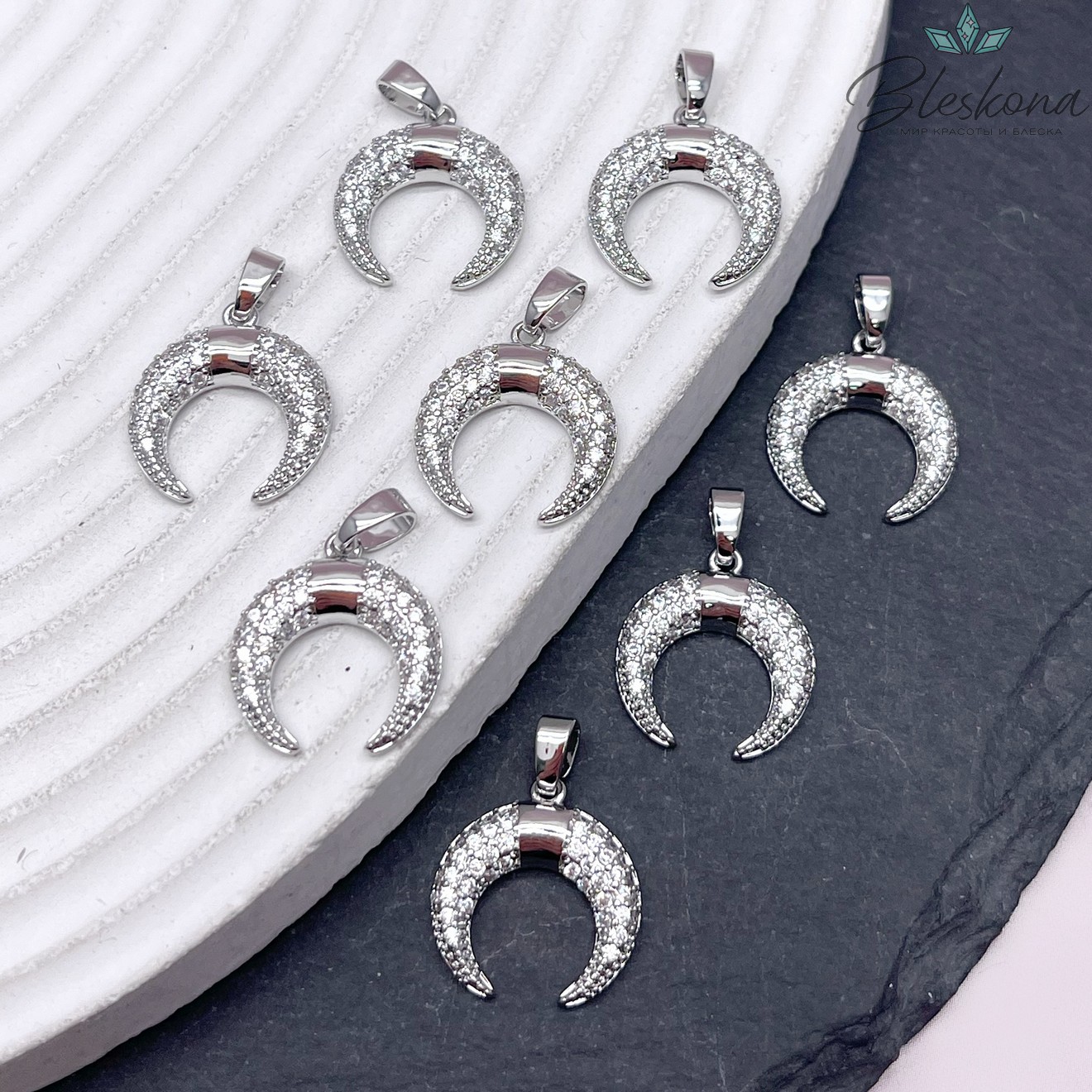 16*15 мм Цвет серебро, Подвеска Лунница с цирконами