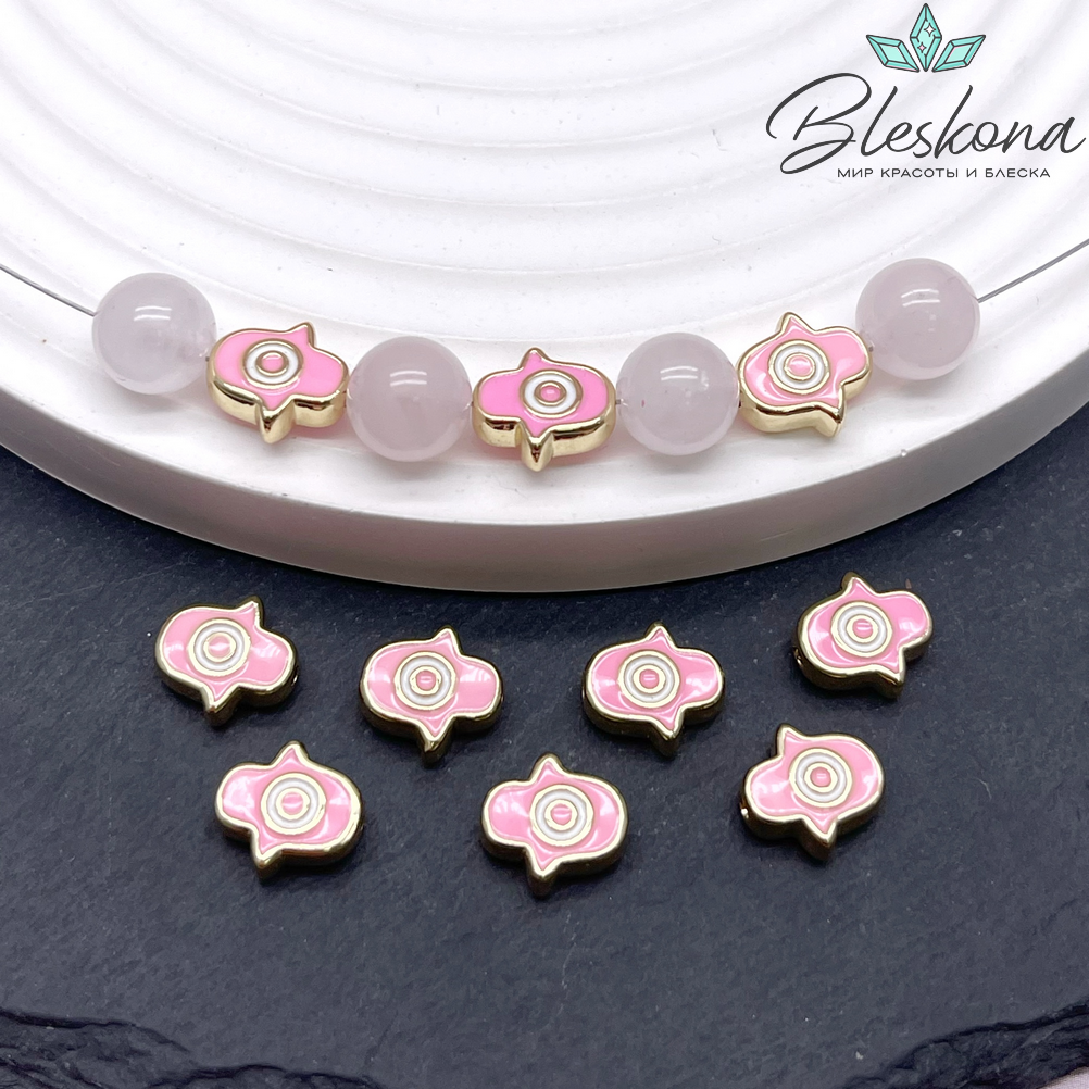 9,5*9 мм Цвет золото, Бусина рука Фатимы розовая эмаль