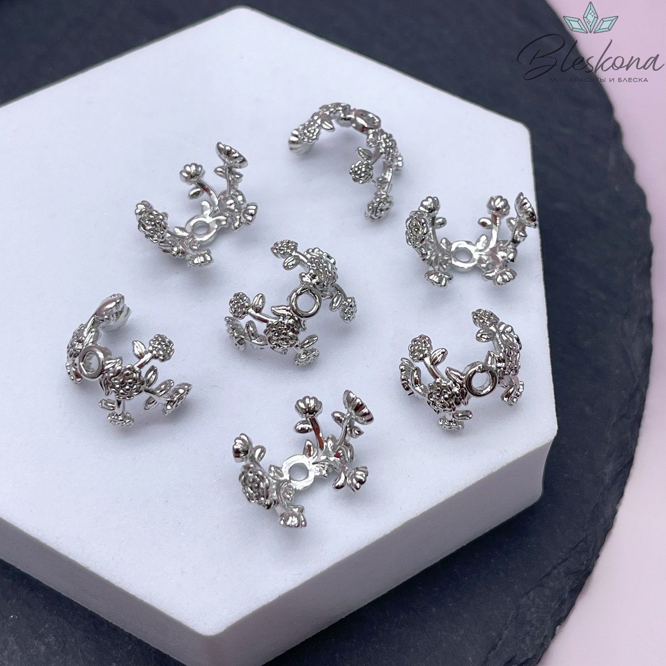 12*15 мм,цвет серебро, Шапочка цветы  