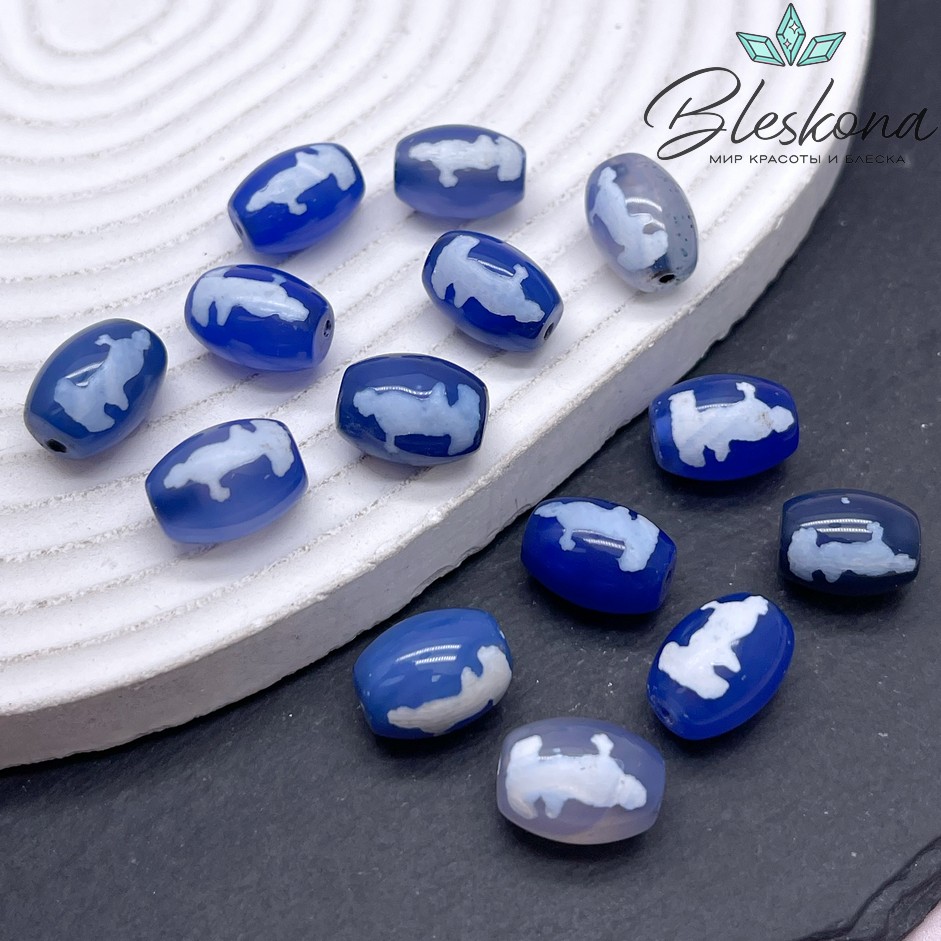 Бусина Дзи Гуань Инь бело-синий бочонок 10*14 мм