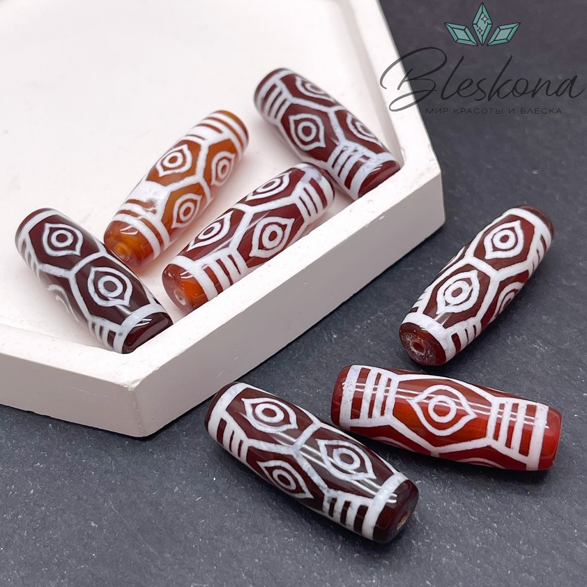 Бусина Дзи 6 глаз Феникса бело-коричневый бочонок 30*11мм