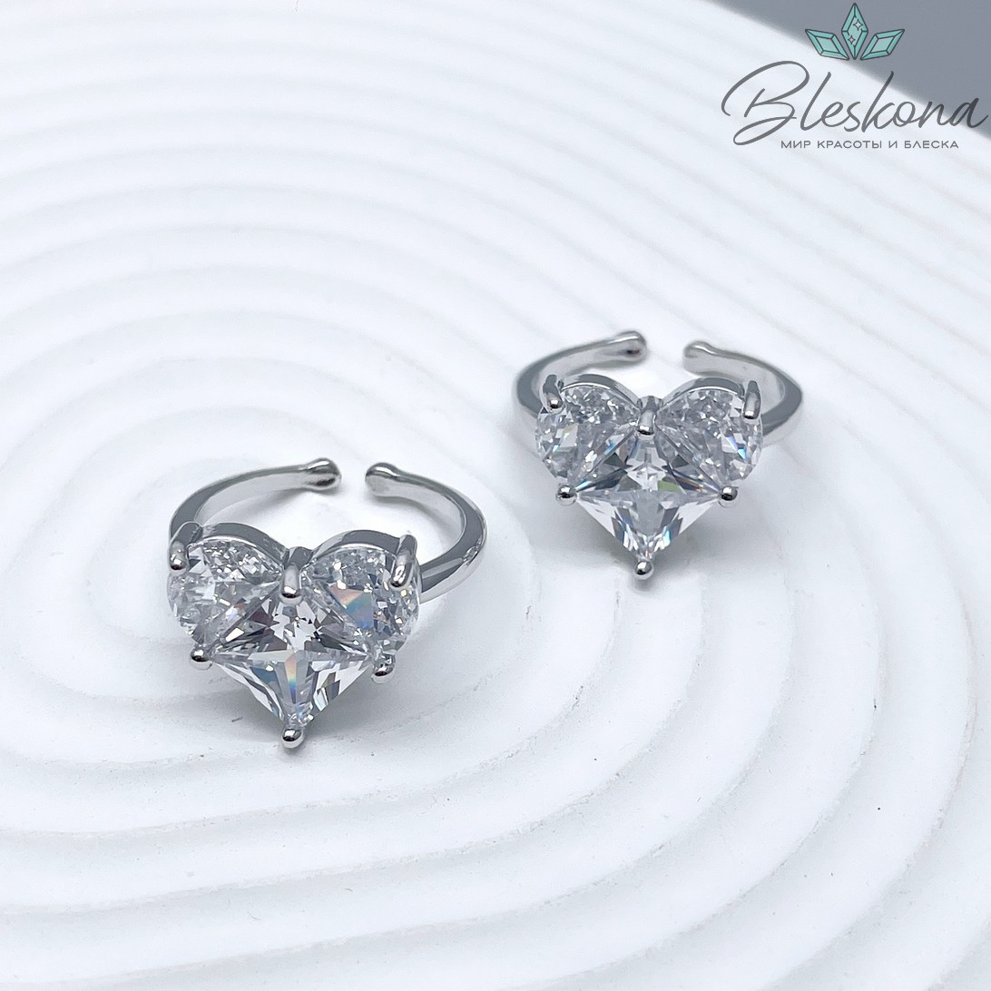 20 мм Цвет серебро, Кольцо безразмерное сердце цирконы 