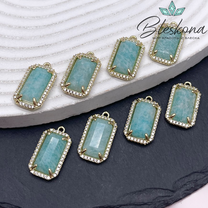12*21мм, цвет золото ,Подвеска Прямоугольник Амазонит в обрамлении цирконы