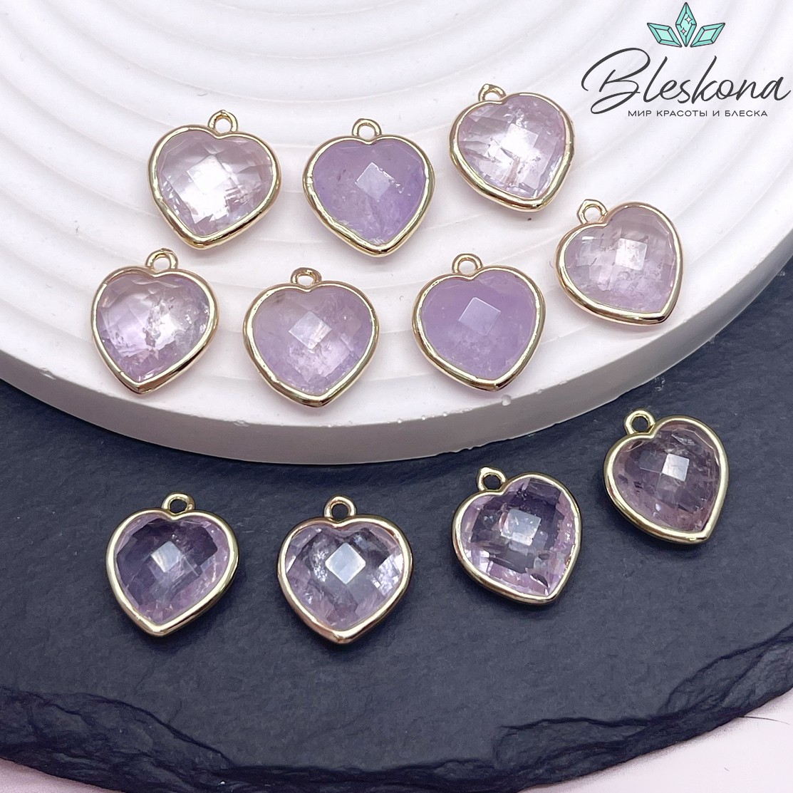 13*15мм,Цвет золото,Подвеска Сердце Лавандовый Аметист огранка