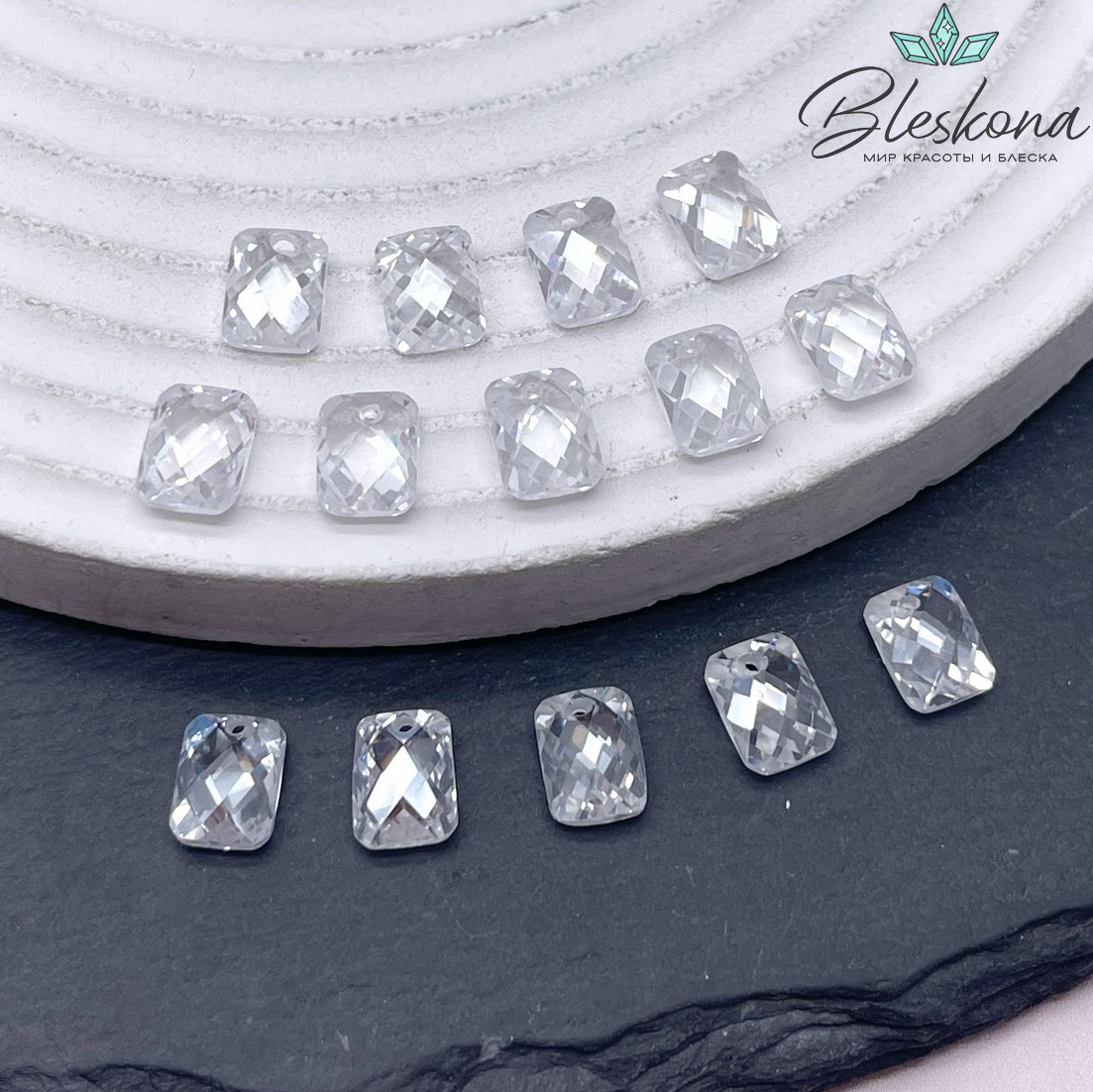 8*6 мм, Подвеска Циркон прямоугольник белый (кубический цирконий, фианит) 