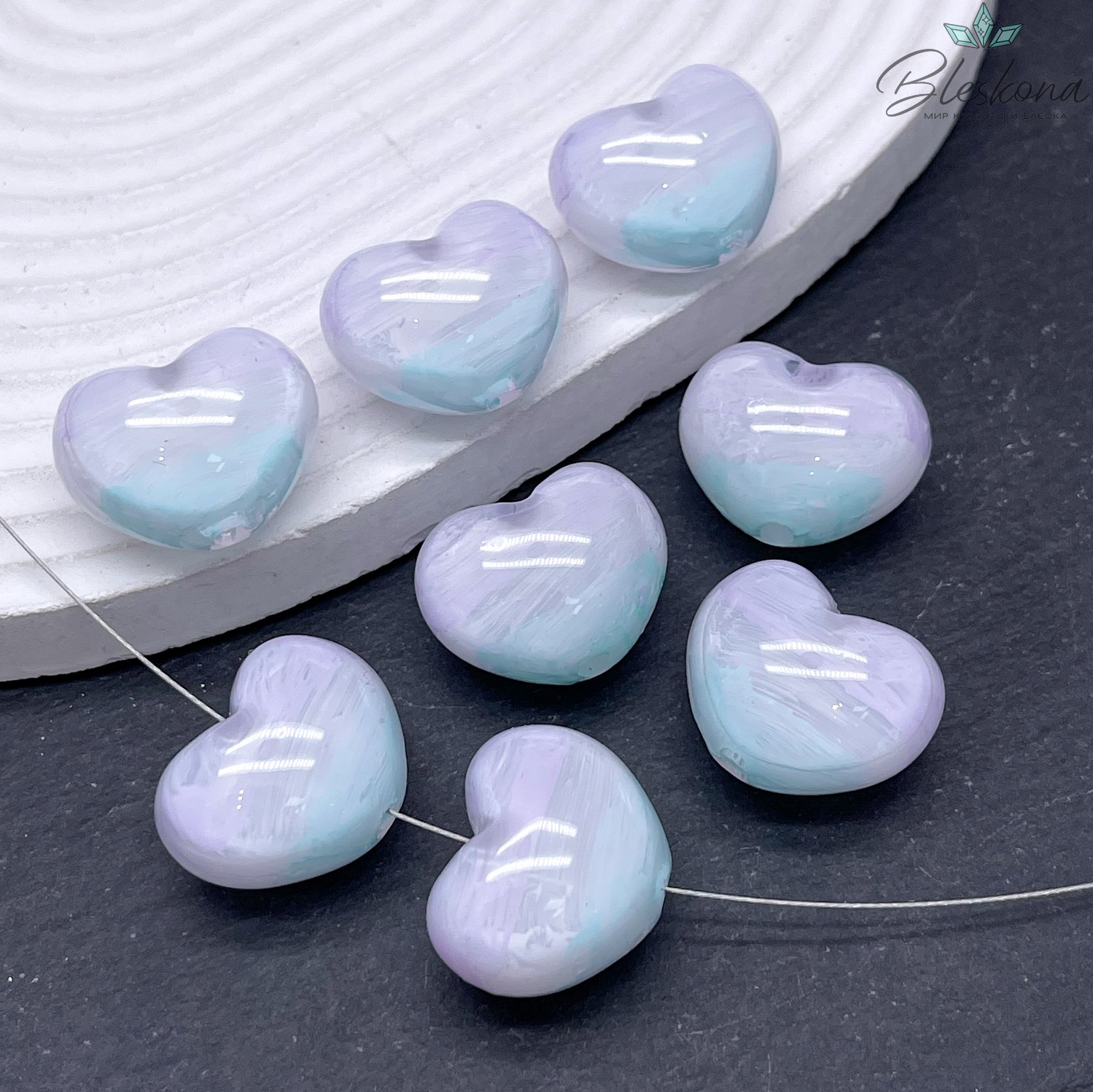 18*22 мм Бусина зефирное сердце  фиолетово- зеленое