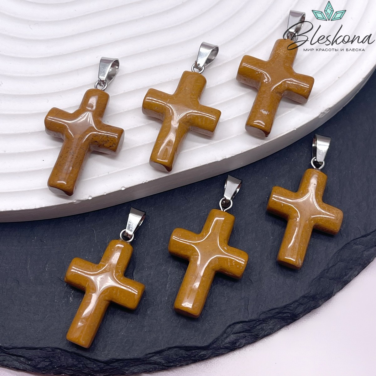 Подвеска крест Яшма, цвет серебро 28,5*18 мм