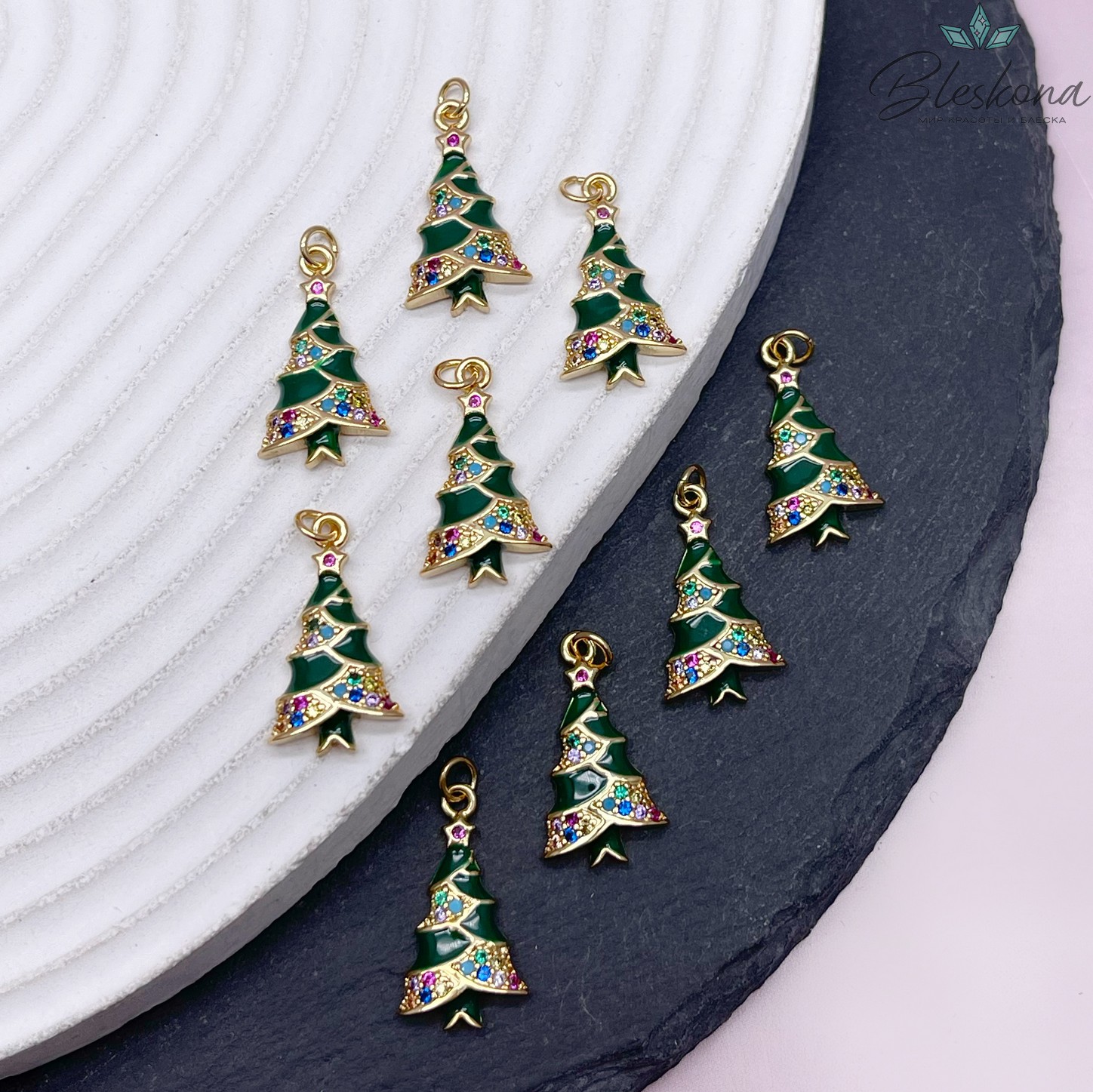 20*10 мм, Цвет золото, Подвеска Елка цирконы зеленая эмаль