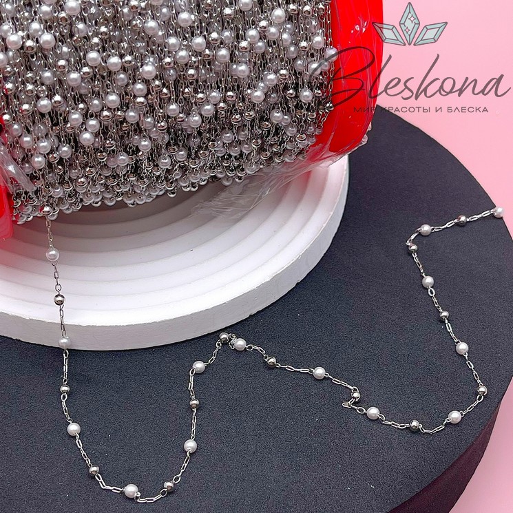 Цепь №261 цвет серебро 2,5*1 мм, имитация жемчуга