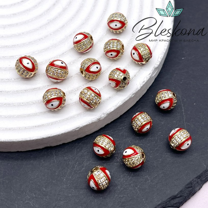 8,5 мм Цвет золото, Бусина с глазком красная эмаль