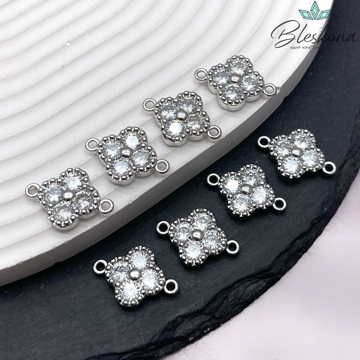 20*14 мм Цвет серебро, Коннектор Клевер цирконы
