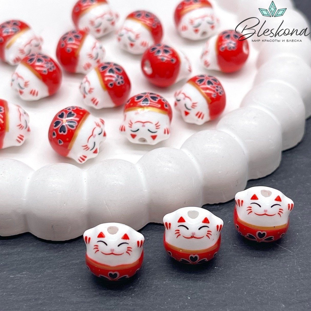 13,5*13 мм Керамика бусина Котик красный