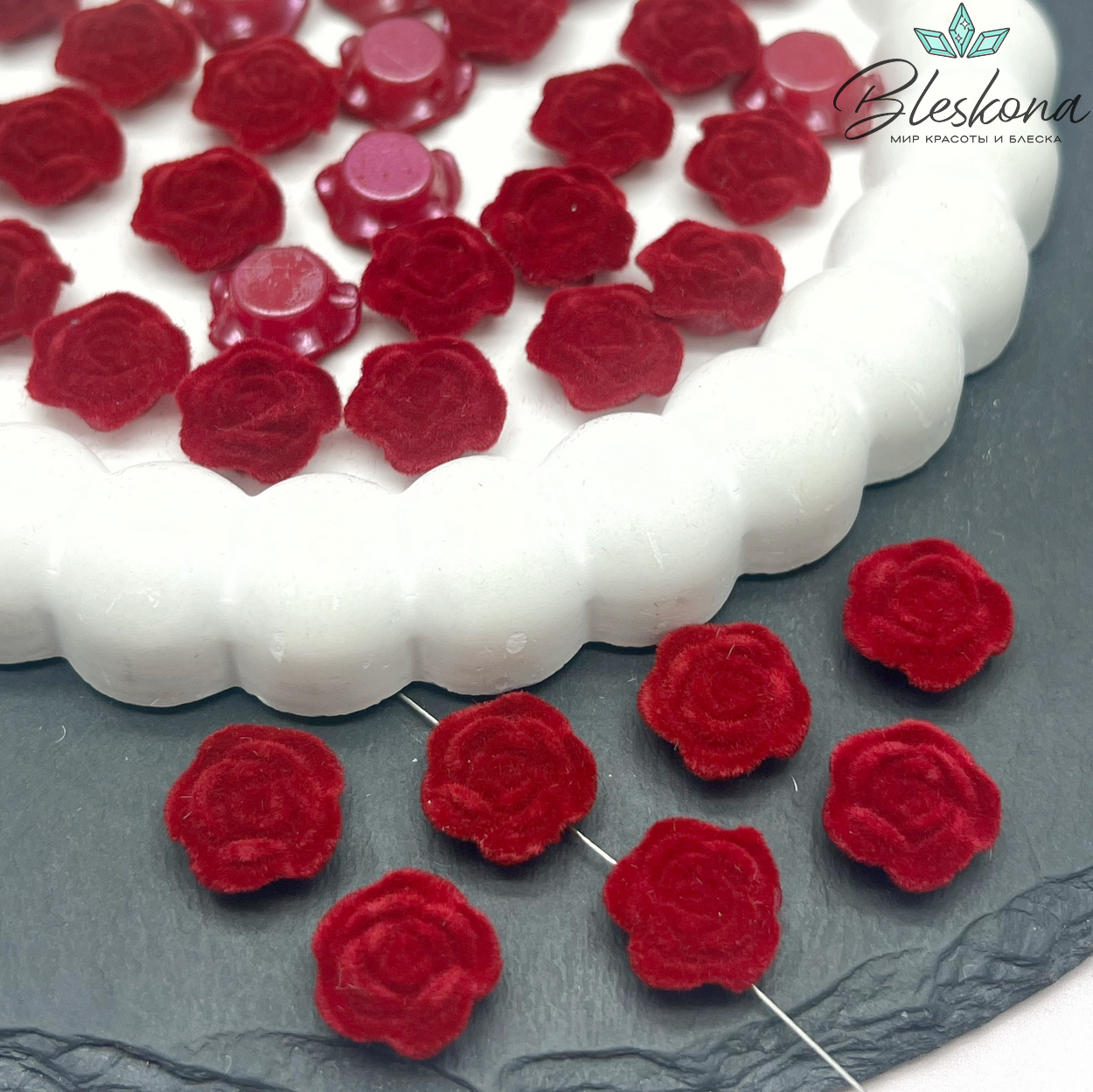 13мм Бархатная бусина Цветок - Роза, Цвет бордо