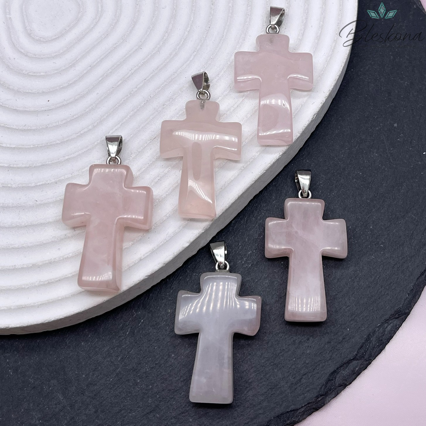 Подвеска крест Розовый кварц, цвет серебро 35*22 мм